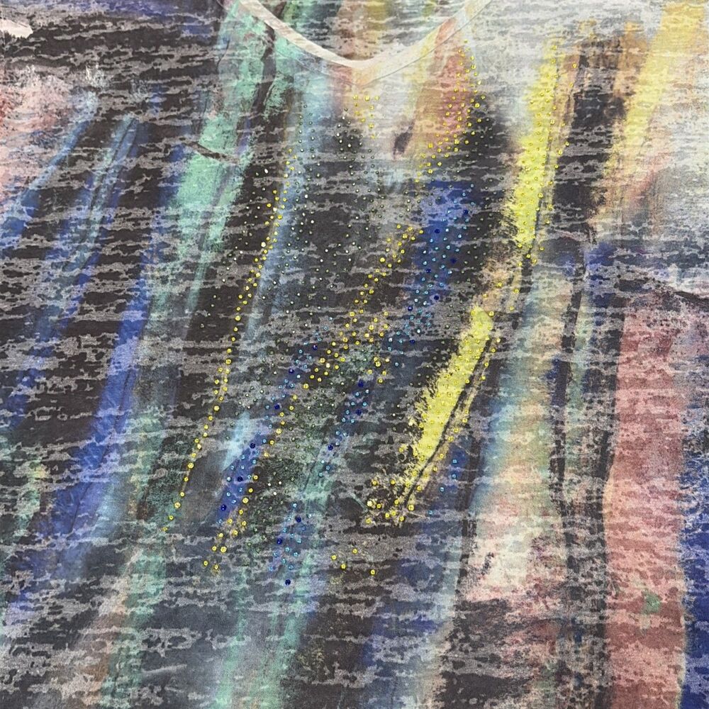 Jess & Jane XL Abstract Burnout Rhinestone Top Semi Sheer 3/4 Sleeve Artsy boho - Picture 8 of 14